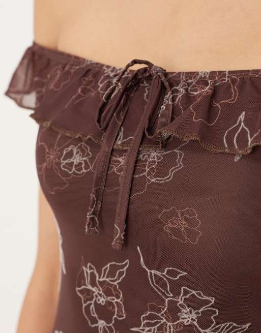 Motel Catrin off shoulder midaxi floral dress in brown, 2 of 4