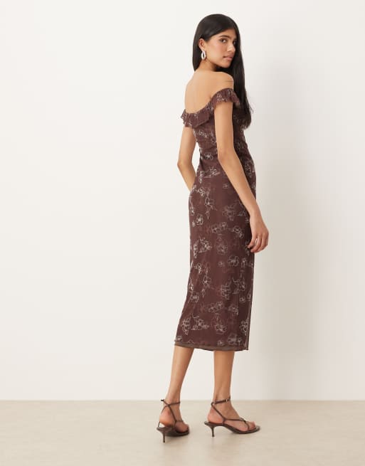Motel Catrin off shoulder midaxi floral dress in brown, 3 of 4