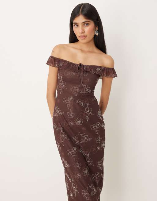 Motel Catrin off shoulder midaxi floral dress in brown, 4 of 4