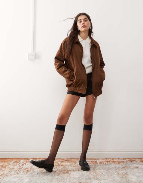 Motel cavita faux suede longline bomber jacket in dark brown - view 1