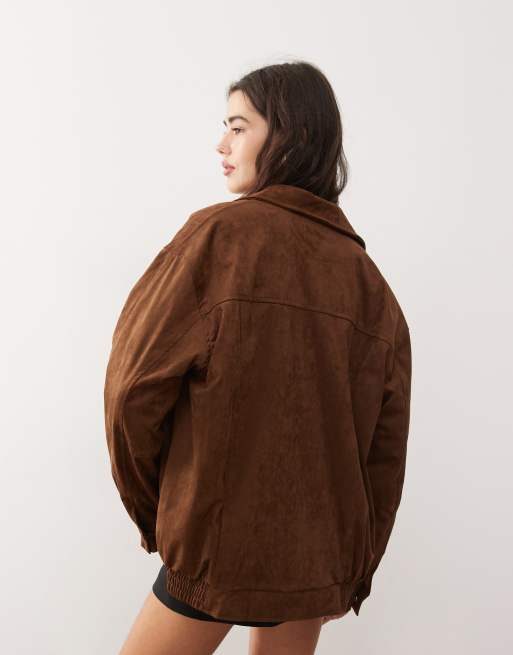 Motel Cavita faux suede longline bomber jacket in dark brown, 3 of 4