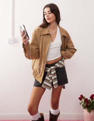 cavita faux suede longline bomber jacket in tan-Brown