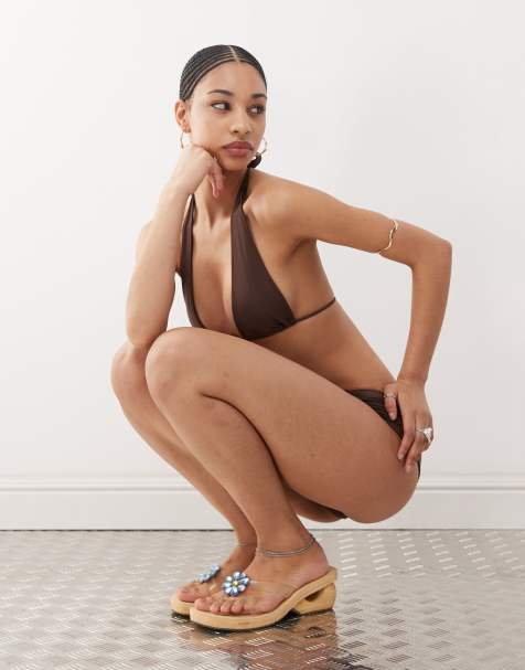 Motel cerry bead detail bikini top in brown - view 1