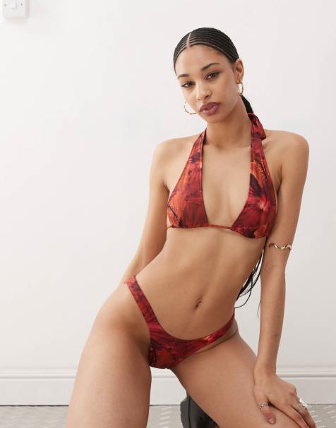 Motel cerry hibiscus print bikini top in red - view 1