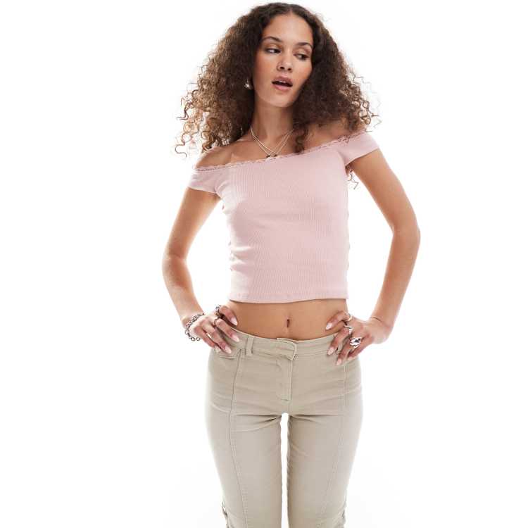 Motel chacha rib lace trim off-shoulder top in pink | ASOS