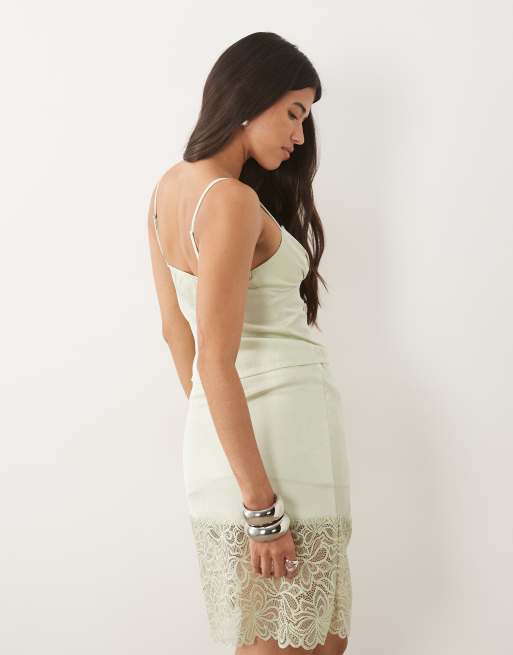 Motel Chatura satin cami top in sage (part of a set), 4 of 4
