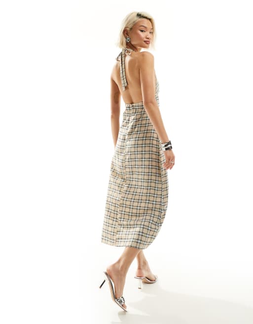 Motel check print v-neck midi dress in pastel blue, 3 of 4