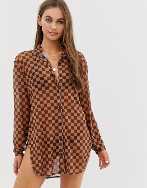 Motel checkerboard mesh beach shirt in tan | ASOS