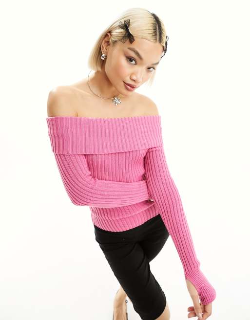 Motel chunky rib off shoulder jumper in hot pink ASOS