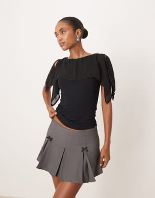 Motel Cirata Boho Chiffon Jersey Mix Top In Black