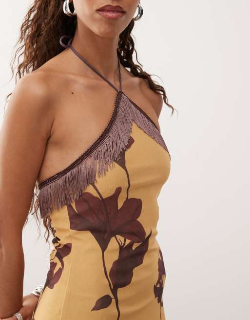 Motel clooney fringe detail floral detail mini halter dress in yellow | ASOS