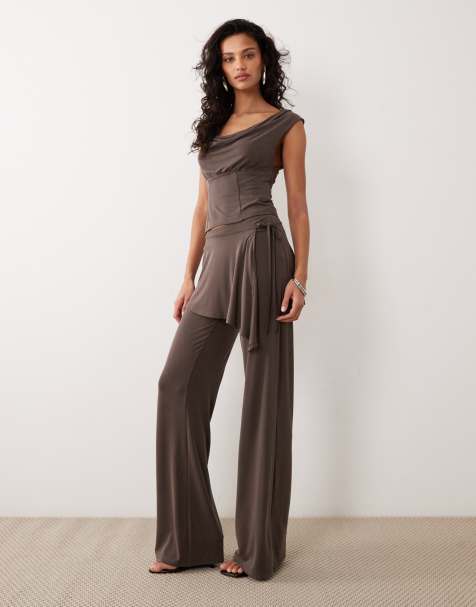 Motel co-ord Amata trouser skirt detail cupro trousers in dark brown