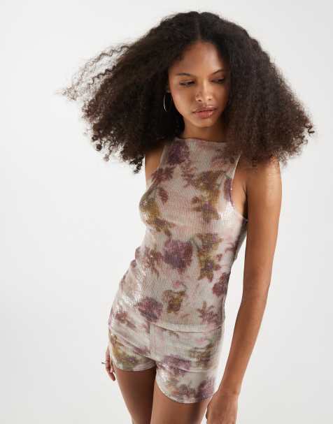 Motel co-ord Dudley floral sequin top in white purple - view 1