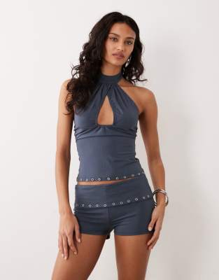 Motel Co-ord Gyomei Eyelet Wrap Jersey Halter Top In Blue