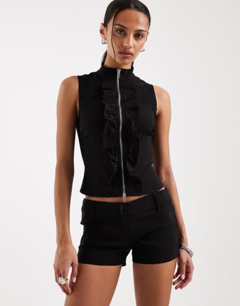 Motel co-ord Hanae zip frill detail top in black - view 1
