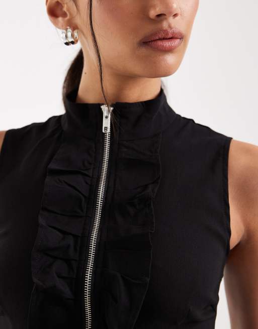 Motel co-ord Hanae zip frill detail top in black, 2 of 4