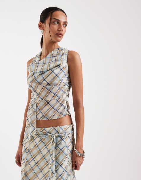 Motel co-ord Maida chiffon off shoulder tie detail top in vintage blue check - view 1