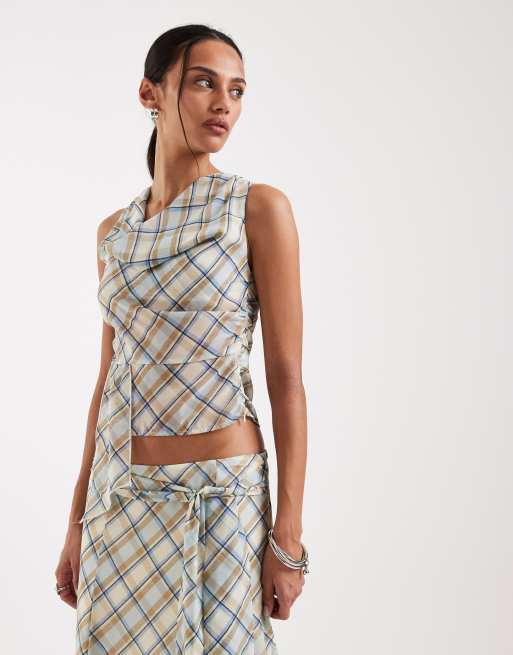 Motel co-ord Maida chiffon off shoulder tie detail top in vintage blue check