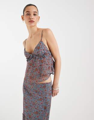 Motel Co-ord Melinda Chiffon Frill Loose Cami Top In Brown