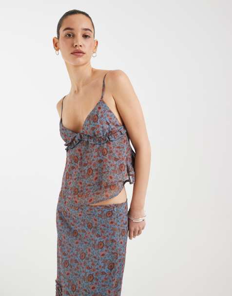 Motel co-ord Melinda chiffon frill loose cami top in blossom blue - view 1