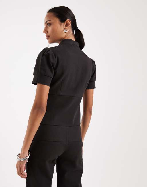 Motel co-ord Renia button detail short sleeve top in warm brown, 2 of 4