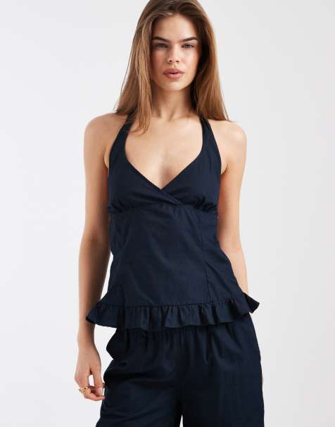 Motel co-ord Tamzen frill edged halter neck top in dark navy - view 1