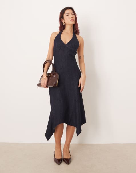 Motel - Comari - Midi jurk van chambray met halternek in indigo - view 1