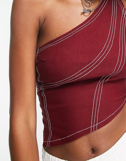 Motel contrast stitch one shoulder crop top in deep red ASOS