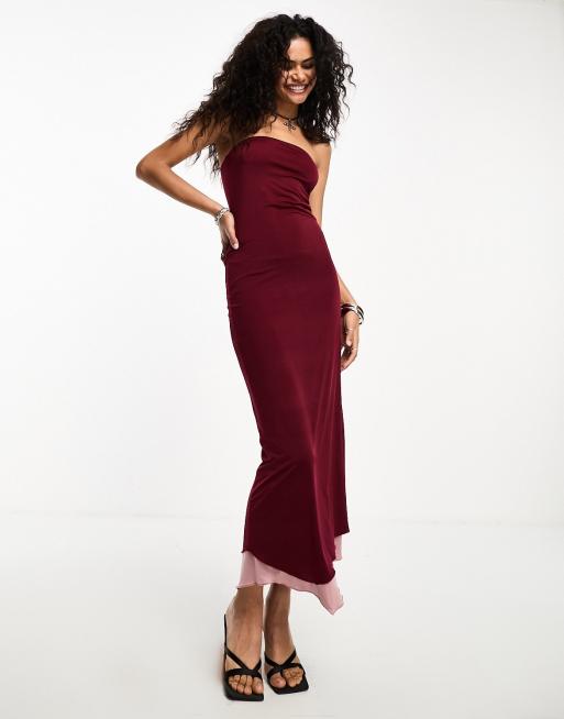 Motel contrast strapless bodycon slip dress in wine pink