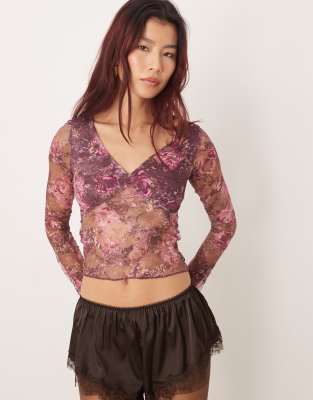 Motel Copriva Abstract Mesh Long Sleeve Top In Pink