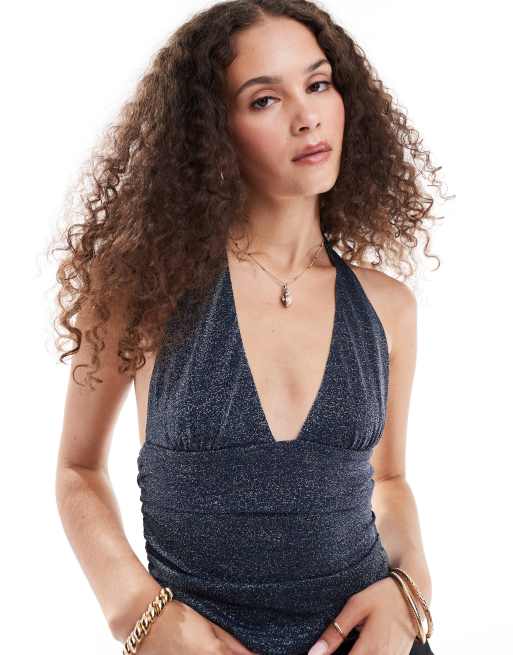 Motel cosimo deep v halter top in midnight shimmer ASOS