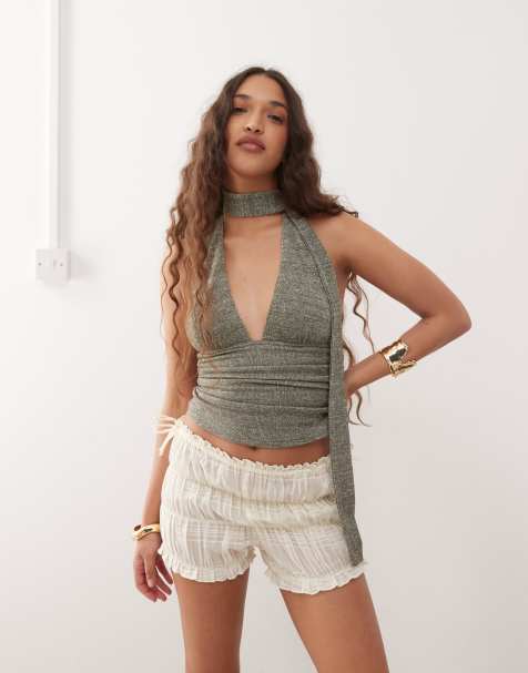 Motel cosimo glitter knit scarf halter top in khaki - view 1