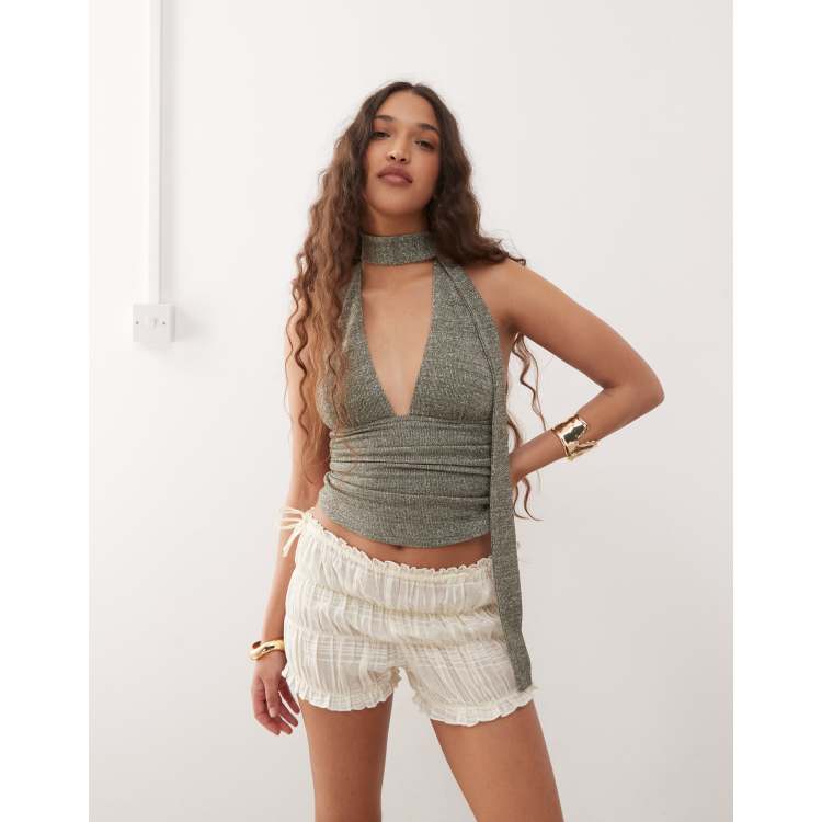Motel cosimo glitter knit scarf halter top in khaki | ASOS