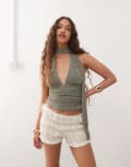 [Motel] Motel Cosimo glitter knit scarf halter top in khaki-Green XL KHAKI SHIMMER