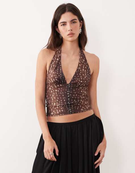 Motel Cosimo halter mesh top in deer print brown