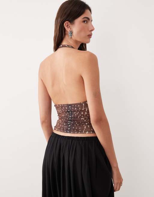 Motel Cosimo halter mesh top in deer print brown, 3 of 4
