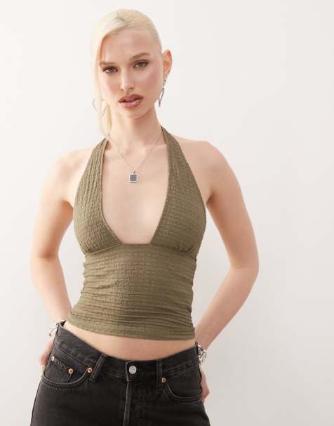Motel – Cosimo – Teksturowany top z dekoltem typu halter w kolorze khaki - view 1