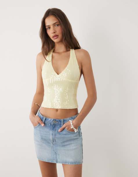 Motel Cosio sequin halter neck top in yellow - view 1