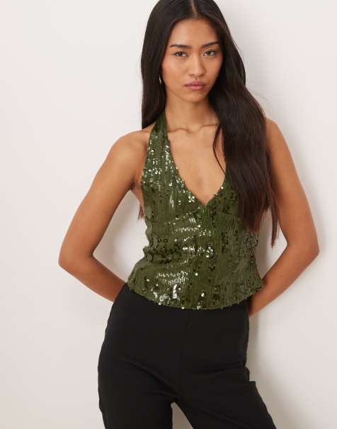 Motel Cosio sequin halter top in khaki