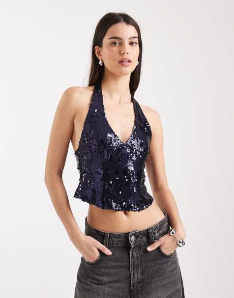 Motel Cosio sequin halter top in navy