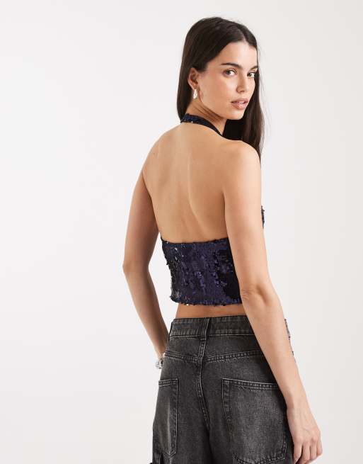 Motel Cosio sequin halter top in navy