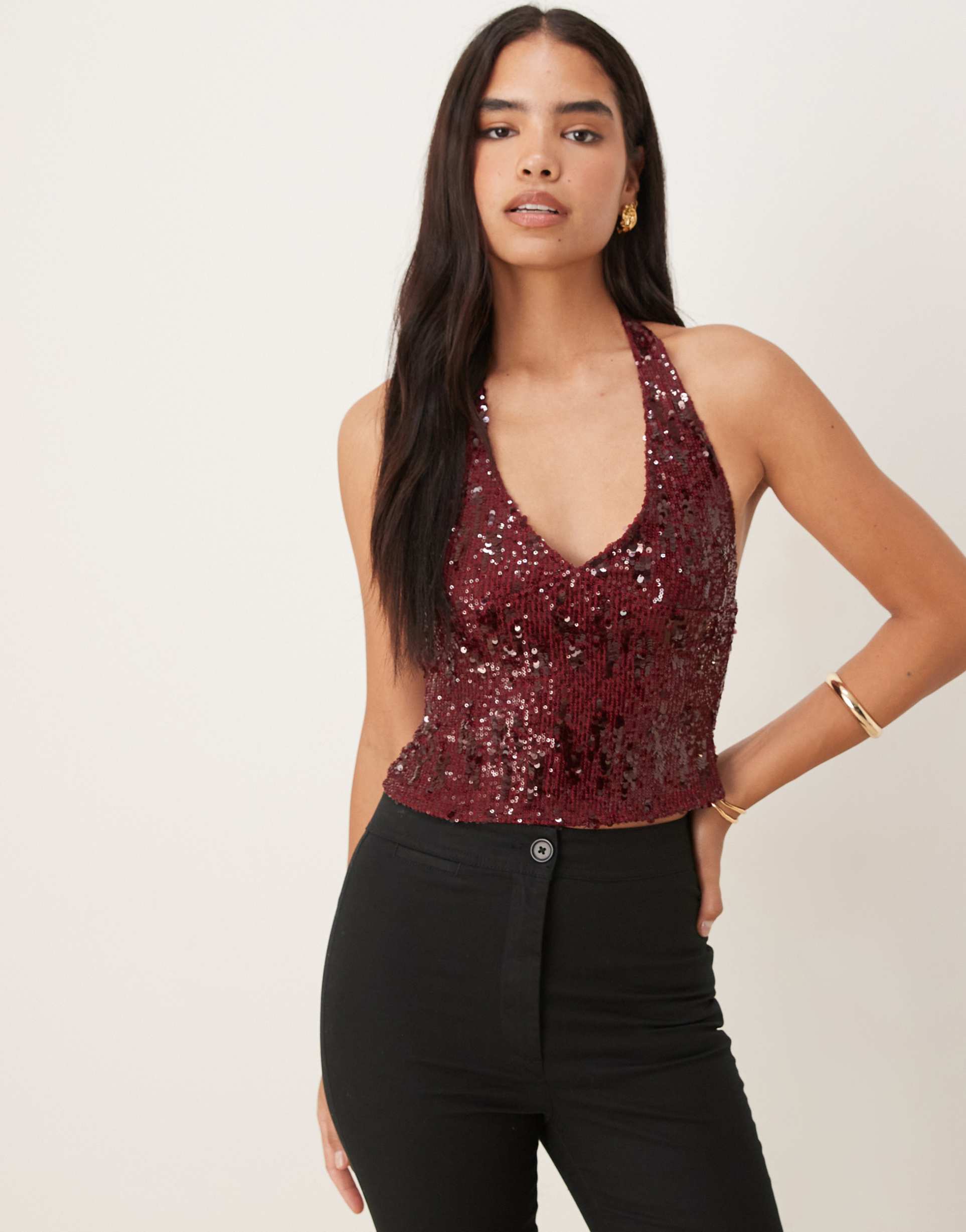 motel cosio sequin halter top in red