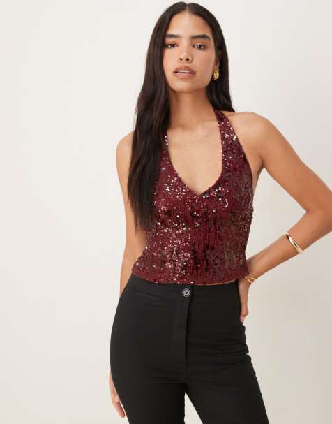 Motel Cosio sequin halter top in red