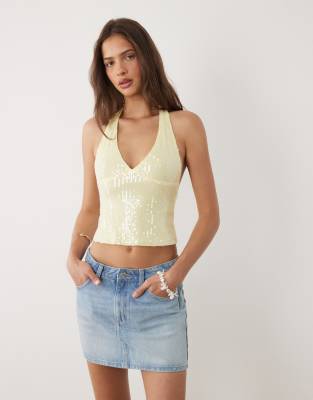 Motel Cosio Sequin Halterneck Top Yellow