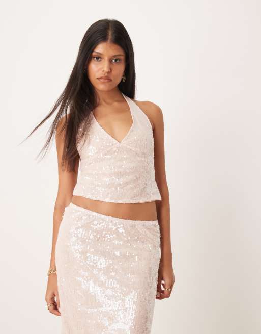 Motel - Cosio - Top met halternek in roze lovertjes, deel van co-ord set