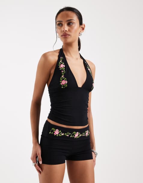 Motel Cosmo halter floral detail top in black (part of a set) - view 1