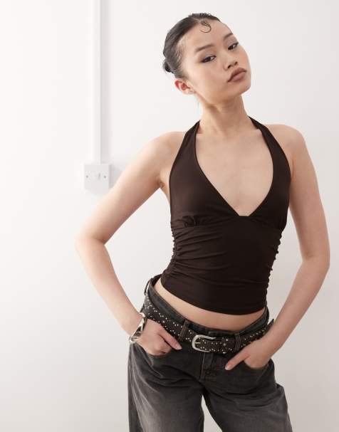 Motel cosmo slinky halter top in chocolate brown - view 1