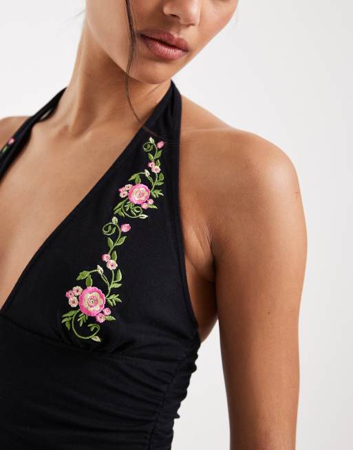 Motel – Cosmo – Svart topp med halterneck och blommor, del av set, 4 av 4