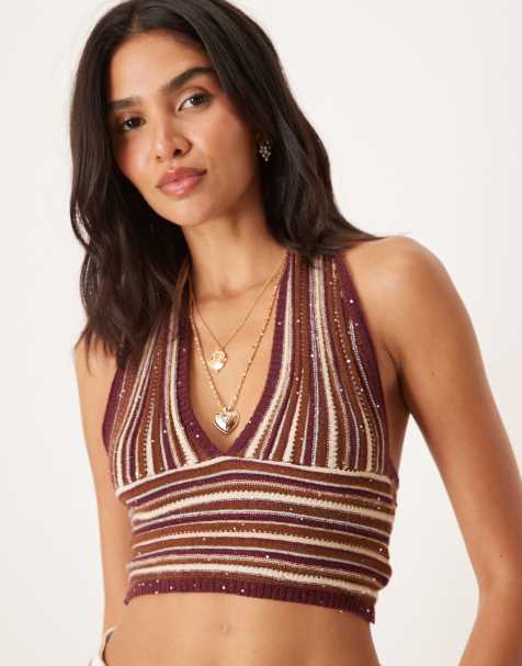Motel cosya shimmer stripe knit halter top in rust - view 1