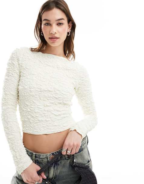 Motel crinkle long sleeve crop top in cream - view 1